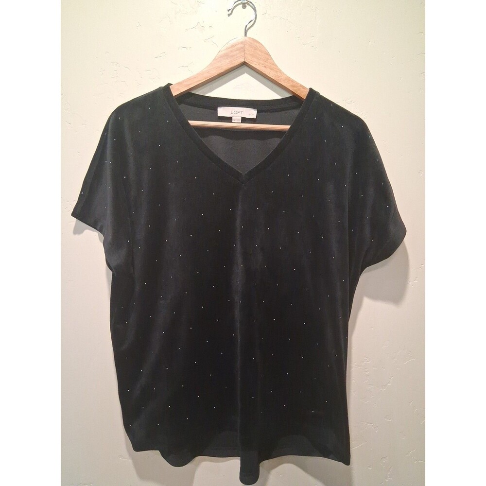 Loft Women’s Medium Petite Black Velour V Neck Beaded Short Sleeve Top Holiday